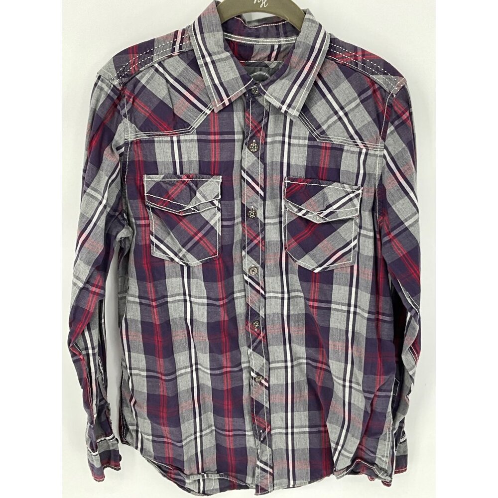 BKE Men's Plaid Long Sleeve Shirt Medium Standard‎ Fit Red, Purple & Gray Cotton